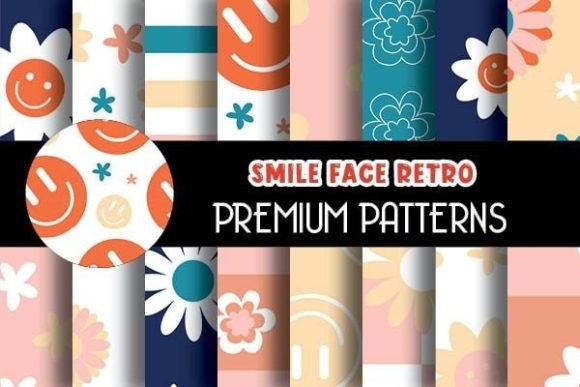 Boho Happy Face Blue Retro Patterns: Playful, Nostalgic Digital Papers for Creative Projects