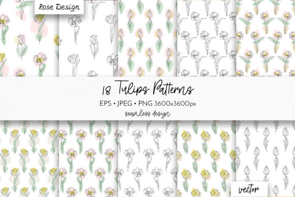 Line Art Tulips Floral Seamless Patterns