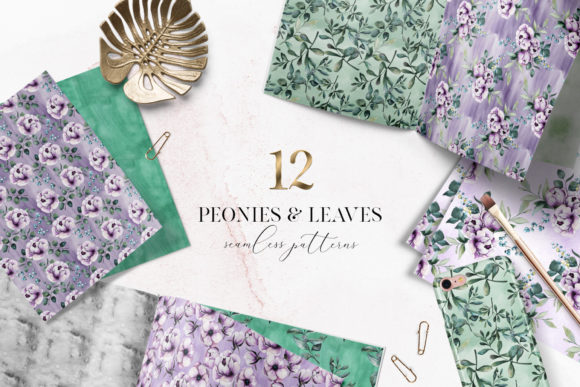Purple Peonies and Leaves Patterns